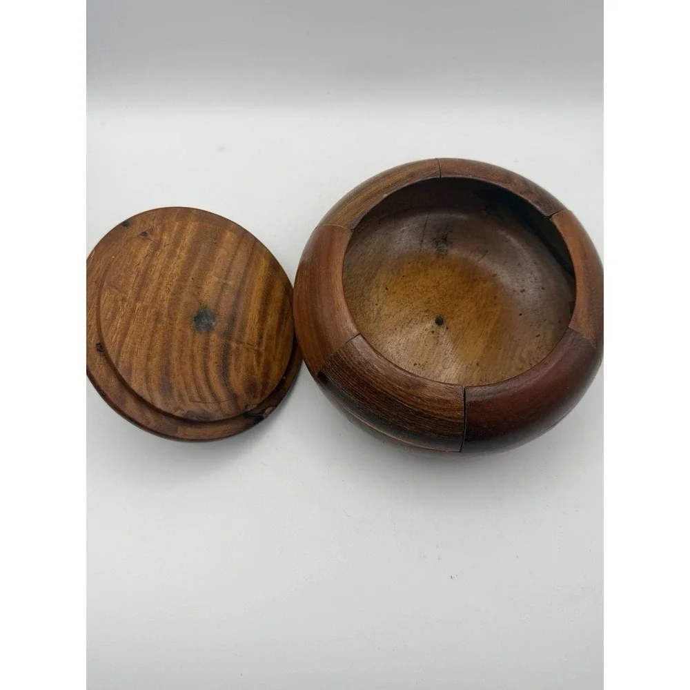 Vintage Hand Turned Patchwork Wooden Lidded Bowl Trinket Box Rustic Decor 5.25